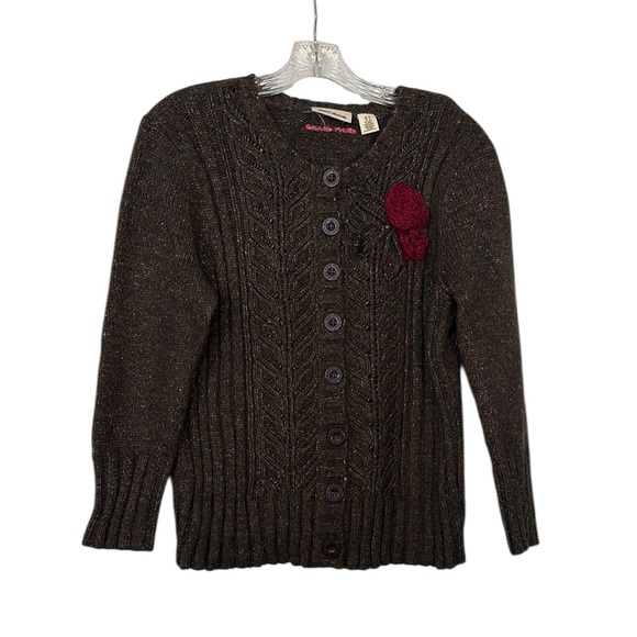 Y2K Vintage Brown Sweater Cable Knit Fitted Cardigan XL Flower Appliqué Forest - Picture 1 of 9